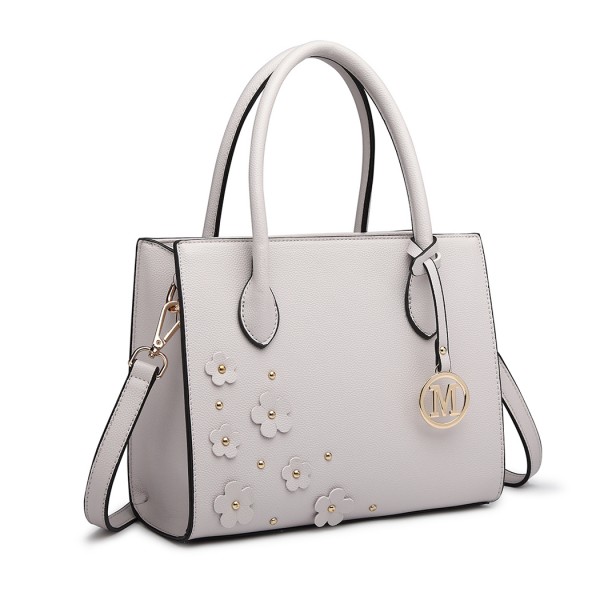 LH6809 - Miss Lulu Embellished Flower Leather Look Handbag - Light Grey LH6809 - Miss Lulu Embellished Flower Leather Look Handbag - Light Grey